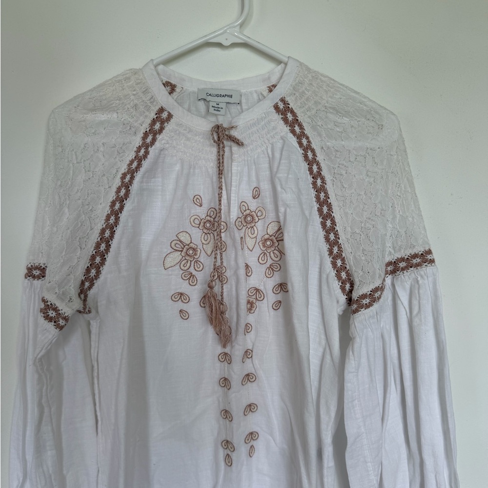 Calligraphie White Blouse with Brown Embroidery